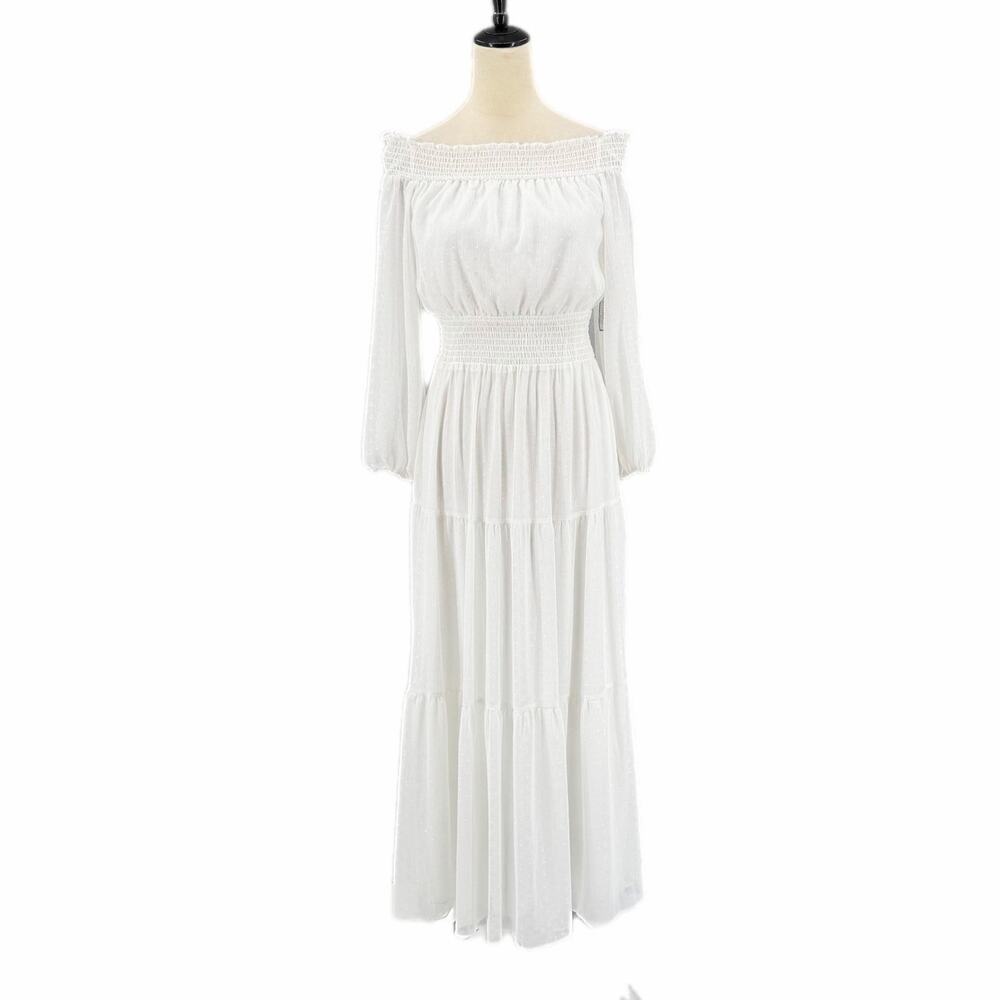 Premier Amour NEW Ivory White Tiered Smocked Off the Shoulder Shimmer Maxi Dress